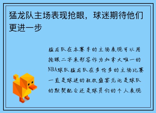 猛龙队主场表现抢眼，球迷期待他们更进一步